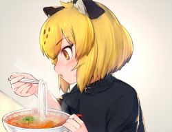 10s 1girl animal_ears bad_id bad_nicoseiga_id blonde_hair blush bowl brown_eyes chopsticks eating female_focus food holding holding_bowl holding_chopsticks iwahana jaguar_(kemono_friends) jaguar_ears kemono_friends looking_away noodles parted_lips short_hair sleeves_pushed_up smile solo soup sweater turtleneck turtleneck_sweater upper_body