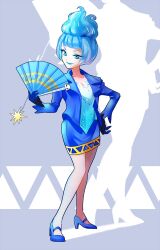 Rule 34 | 1girl, animification, black gloves, blue fire, blue hair, blue lips, closed mouth, disneyland, fiery hair, fire, formal clothes, full body, gloves, lipstick, long sleeves, looking at viewer, makeup, ms. hades, short hair, simple background, solo, tsuntsun (tuuuuuuntun)