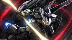 absurdres battle beam_naginata cable copyright_logo dijeh gundam gundam_battle_operation_2 highres machinery mecha mecha_focus moon_gundam official_art one-eyed painting_(medium) radio_antenna realistic rick_dijeh robot scan science_fiction shield space sunrise_(company) tenjin_hidetaka thrusters traditional_media