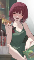1girl absurdres bare_arms beer_can black_nails blush bocchi_the_rock! can closed_eyes dress drink drink_can green_dress highres hiroi_kikuri holding holding_drink indian_style kiyoi_(gyhw8444) looking_at_viewer open_mouth red_hair saliva sharp_teeth sitting solo teeth