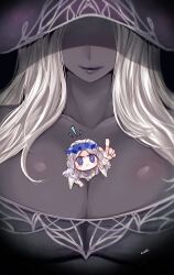 2girls 3: absurdres between_breasts black_dress black_skin blue_eyes breast_focus breasts catherine_cover_parody chibi cleavage colored_skin commentary curtained_hair doll_joints dress elden_ring elden_ring_nightreign emphasis_lines english_commentary giant giantess hat_over_eyes highres joints kivo large_breasts long_hair multiple_girls partially_shaded_face pointing pointing_at_viewer recluse_(elden_ring) revenant_(elden_ring) signature size_difference smile veil white_hair white_veil wide_sleeves