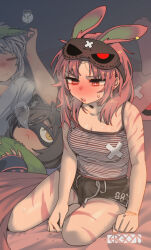 3girls =_= ? animal_ears artist_name bare_shoulders black_hair black_shorts blush breasts collarbone ergot eye_mask eyewear_on_head futanari grey_hair medium_breasts multiple_girls original pajamas rabbit_ears red_eyes red_hair saliva scar short_shorts shorts sleeping spoken_question_mark variant_set