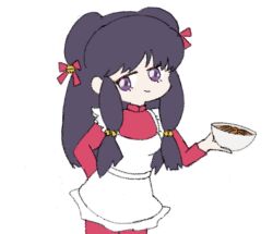 1girl apron bell bowl chinese_clothes colorful_background double_bun dress food hair_bell hair_bun hair_ornament highres long_hair looking_at_viewer maid_headdress noodles print_dress purple_hair ramen ranma_1/2 red_dress red_eyes red_shoes shampoo_(ranma_1/2) shoes sidelocks solo white_apron