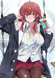 Rule 34 | 1girl, ahoge, black coat, blouse, box, breasts, brown eyes, coat, gift, gift box, highres, holding, holding gift, large breasts, mana ayase, nakahira guy, on swing, original, outdoors, red hair, red skirt, ribbon, shirt, skirt, snow, snowing, solo, swing, tokyo succubus, white shirt, winter, yellow ribbon