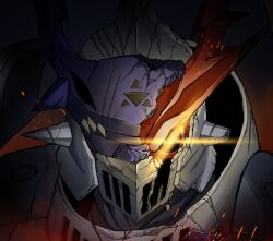 armor chaosdukemon close-up dark_background digimon digimon_(creature) dukemon glowing glowing_eye helmet highres knight manchi_kansuke solo yellow_eyes