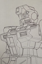 absurdres aron_e commentary_request earth_federation exposed_internal_machinery gm_command grey_background greyscale gun gundam gundam_0080 highres lineart machine_gun mecha mecha_focus mobile_suit monochrome no_humans robot science_fiction sketch weapon