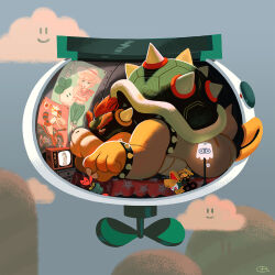 1boy armlet blooper_(mario) blue_sky bowser bracelet cloud collar colored_skin commentary english_commentary fire_flower glen_brogan horns jewelry koopa_clown_car lamp mario_(series) mecha-koopa nintendo princess_peach raccoon_tail red_hair sky spiked_armlet spiked_bracelet spiked_collar spiked_shell spikes squid super_star_(mario) tail turnip_(mario) turtle_shell warp_pipe x-ray yellow_skin