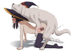 1girl all_fours asymmetrical_legwear bandaged_leg bandages bar_censor bestiality black_hair black_thighhighs breasts censored cervix cross-section cum cum_in_pussy deep_penetration dog doggystyle drakente ejaculation full_body hat hetero highres internal_cumshot kono_subarashii_sekai_ni_shukufuku_wo! loli megumin mismatched_legwear nude penis red_eyes sex sex_from_behind short_hair short_hair_with_long_locks sidelocks single_thighhigh small_breasts thighhighs tongue tongue_out uterus vaginal witch_hat x-ray