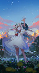 1girl absurdres ahoge arm_up ascot atri atri-my_dear_moments- banjie bare_legs black_ribbon black_shoes blue_sailor_collar blue_sky blurry buttons cloud commentary_request crying crying_with_eyes_open depth_of_field dress feathers floating_clothes flower flower_request full_body grass hair_ribbon highres light_brown_hair no_socks open_mouth outdoors red_ascot red_eyes ribbon sailor_collar sailor_dress shoes sky solo standing sunset tears tree two_side_up white_dress wide_sleeves