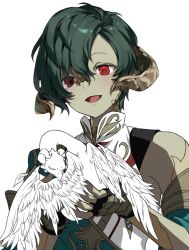 1boy au_ra azdaja_(ff14) black_gloves brother_and_sister curled_horns dragon dragon_horns feathered_wings final_fantasy final_fantasy_xiv fingerless_gloves gloves green_hair horns hyumyumm male_focus open_mouth red_eyes scales short_hair siblings simple_background small_dragon smile swept_bangs upper_body varshahn white_background wings