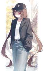 1girl absurdres alternate_costume animal_ears baseball_cap black_hat black_jacket blue_pants brown_hair closed_mouth denim dog_ears dog_girl frown hair_ornament hairclip hands_in_pockets hat heterochromia highres inui_toko jacket jeans jewelry long_hair necklace nijisanji open_clothes open_jacket orange_eyes outdoors pants pillarboxed red_eyes shirt solo standing t-shirt very_long_hair virtual_youtuber white_shirt yuki_hare1130