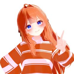 1girl 3d ahoge blue_eyes blush closed_mouth collared_shirt hair_intakes highres ker2348 long_hair long_sleeves looking_at_viewer naughty_face orange_hair orange_shirt parted_bangs red_ribbon ribbon secretto_(waktaverse) shiny_skin shirt simple_background smile solo striped_clothes v very_long_hair waktaverse white_background