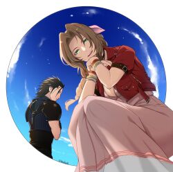 1boy 1girl aerith_gainsborough armor bangle black_choker black_gloves black_hair blue_shirt blue_sky bracelet braid braided_ponytail breasts brown_hair choker cleavage cloud cloudy_sky cropped_jacket crossed_arms crossed_wrists dress feet_out_of_frame final_fantasy final_fantasy_vii final_fantasy_vii_rebirth final_fantasy_vii_remake gloves green_eyes hair_ribbon hair_slicked_back highres igusaharu jacket jewelry long_dress long_hair looking_at_viewer medium_breasts medium_hair parted_bangs parted_lips pink_dress pink_ribbon puffy_short_sleeves puffy_sleeves red_jacket ribbon shirt short_sleeves shoulder_armor sidelocks single_braid sky sleeveless sleeveless_turtleneck smile squatting suspenders turtleneck twitter_username upper_body zack_fair