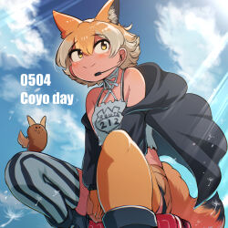 1girl animal_ears blonde_hair blue_sky boots camisole coyopotato coyote_(kemono_friends) extra_ears gloves highres jacket kemono_friends kemono_friends_v_project mcgunngu microphone outdoors short_hair skirt sky tail thighhighs virtual_youtuber wolf_ears wolf_girl wolf_tail yellow_eyes