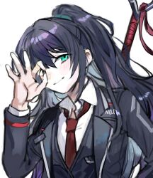 Rule 34 | 1boy, black coat, black eyes, black hair, blue eyes, coat, collared shirt, heterochromia, high ponytail, hong lu (project moon), limbus company, long hair, long sleeves, looking at viewer, male focus, medu (rubish), necktie, ok sign, ok sign over eye, ponytail, project moon, red necktie, shirt, simple background, smile, solo, upper body, very long hair, white background, white shirt