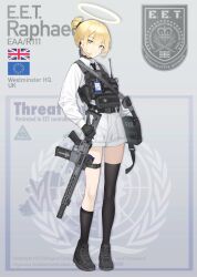 1girl absurdres ammunition assault_rifle asymmetrical_legwear bag belt black_belt black_boots black_gloves black_necktie black_socks black_thighhighs blonde_hair boots brown_eyes buckle bulletproof_vest character_name closed_mouth clothes_writing collar commentary cross earpiece emblem english_commentary english_text eotech european_union_flag first_aid_kit flip-up_sight full_body gloves gun hair_bun hair_tie halo highres holding holding_bag holding_gun holding_weapon id_card jerry_wang lace-up_boots load_bearing_vest long_sleeves m4_carbine magazine_(weapon) muzzle_device necktie optical_sight original orthodox_cross patch rifle satchel shirt short_hair shorts sidelocks sign simple_background skindentation socks solo standing strap tactical_clothes thigh_strap thighhighs thighs uneven_legwear union_jack united_kingdom walkie-talkie warning_sign weapon white_collar white_shirt white_shorts yellow_halo zipper_pull_tab