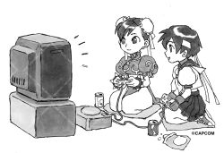 Rule 34 | 2girls, :d, bun cover, can, capcom, chinese clothes, chun-li, collar, controller, copyright notice, double bun, drink can, game console, game controller, greyscale, hair bun, headband, highres, holding, holding controller, kasugano sakura, looking at screen, monochrome, multiple girls, nishimura kinu, official art, open mouth, playing games, pleated skirt, puffy short sleeves, puffy sleeves, school uniform, second-party source, seiza, serafuku, short hair, short sleeves, simple background, sitting, skirt, smile, spiked collar, spikes, street fighter, television, watermark, white background