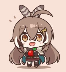 1girl :d ahoge berry brown_background brown_capelet brown_cloak brown_corset brown_eyes brown_hair cape capelet chibi cloak corset crossed_bangs feather_hair_ornament feathers food fruit hair_ornament hairclip holding holding_food holding_fruit hololive hololive_english long_hair looking_at_viewer multicolored_hair nanashi_mumei nanashi_mumei_(1st_costume) notice_lines open_mouth ponytail ran_system red_skirt ribbon single_thighhigh skirt smile streaked_hair thighhighs very_long_hair virtual_youtuber