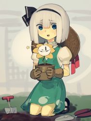 1boy 1girl black_bow black_footwear black_hairband blue_eyes boa_(brianoa) bob_cut bow breasts collared_shirt crossover flowey_(undertale) gardening gloves green_skirt green_vest hairband highres hitodama_print holding holding_pot kneeling konpaku_youmu one_eye_closed pot puffy_short_sleeves puffy_sleeves shears shirt shoes short_hair short_sleeves shovel silver_hair skirt skirt_set small_breasts smile socks star_(symbol) sweatdrop tools touhou undertale vest white_legwear white_shirt