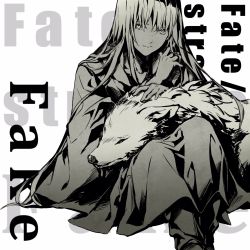 1other androgynous copyright_name enkidu_(fate) fate/strange_fake fate_(series) high_contrast highres long_hair monochrome headpat redoxhn sitting very_long_hair wolf wolf_(fate)