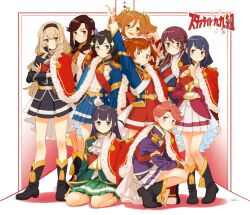 6+girls aiguillette aijou_karen arched_bangs arm_between_legs arm_on_own_leg arm_rest arm_up ascot back_bow badge belt belt_buckle black_eyes black_hair black_hairband black_jacket black_skirt blonde_hair blue_cape blue_eyes blue_hair blue_jacket blue_skirt blush bow brown_hair buckle buttons cape closed_mouth collared_jacket commentary_request crossed_arms crown curtained_hair daiba_nana epaulettes finger_to_own_chin flipped_hair flower_symbol fur-trimmed_jacket fur_trim glasses gradient_background green_eyes green_jacket green_skirt grin group_picture hair_between_eyes hair_ornament hair_ribbon hairband hanayagi_kaoruko hand_up hands_in_own_hair hoshimi_junna index_finger_raised inset_border isurugi_futaba jacket jacket_on_shoulders kagura_hikari knee_blush knees_together_feet_apart komuzuka lapels light_frown logo long_hair long_sidelocks long_sleeves looking_at_viewer looking_to_the_side low_side_ponytail medium_hair mini_crown miniskirt multiple_girls open_mouth orange_hair pink_hair pink_jacket pleated_skirt purple_eyes purple_hair purple_jacket red_bow red_sash red_skirt red_sleeve_cuffs ribbon saijou_claudine salute sash shadow short_hair shoujo_kageki_revue_starlight sidelocks signature single_horizontal_stripe sitting skirt smile sparkle_hair_ornament squatting standing star_(symbol) stuffed_animal stuffed_toy tassel teddy_bear tendou_maya tiptoes tsuyuzaki_mahiru two_side_up v-shaped_eyebrows waist_cape wavy_sidelocks white_ascot white_background white_cape white_sash white_skirt white_sleeve_cuffs x_hair_ornament yellow_belt yellow_eyes yokozuwari