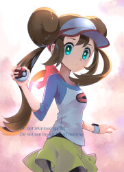 Rule 34 | 1girl, aqua eyes, black pantyhose, brown hair, closed mouth, commentary request, double bun, from side, hair bun, hand up, holding, holding poke ball, long hair, looking at viewer, looking to the side, morisawa machi, nintendo, pantyhose, poke ball, poke ball (basic), pokemon, pokemon bw2, raglan sleeves, rosa (pokemon), shirt, shorts, solo, three-quarter sleeves, twintails, visor cap, watermark