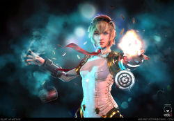 1girl 3d aigis_(persona) android artist_name blair_armitage blonde_hair blue_eyes bullet derivative_work drum_magazine email_address female_focus firing firing_at_viewer highres joints looking_at_viewer magazine_(weapon) magazine_ejection necktie persona persona_3 realistic robot_ears robot_joints shell_casing short_hair smoke solo very_short_hair