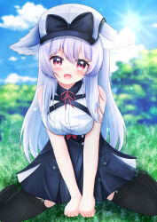 1girl :d absurdres animal_ear_fluff animal_ears bare_arms bare_shoulders between_legs black_bow black_skirt black_thighhighs blue_skirt blue_sky blurry blurry_background blush bow breasts cat_ears cloud collared_shirt day depth_of_field fang garter_straps grass grey_hair hair_between_eyes hand_between_legs hat high-waist_skirt highres long_hair looking_at_viewer medium_breasts milltina_(vrchat) neck_ribbon nireku no_shoes on_grass open_mouth outdoors pleated_skirt purple_hair red_eyes red_ribbon ribbon shirt sitting skirt sky sleeveless sleeveless_shirt smile solo sun thighhighs tree v_arms very_long_hair vrchat wariza white_hair white_shirt