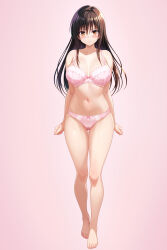 1girl absurdres bare_shoulders black_hair blush bra breasts breasts_apart brown_eyes cleavage collarbone cygnus_(cygnus7) feet full_body groin highres kotegawa_yui large_breasts legs long_hair navel panties pink_background shiny_skin simple_background solo thigh_gap thighs to_love-ru toes underwear
