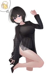 1girl absurdres alcohol beer belt black_hair black_jacket black_shirt black_shoes black_skirt blue_eyes breasts grin hair_ornament hand_up hashtag-only_commentary heart heart_hair_ornament high-waist_skirt high_heels highres jacket large_breasts leg_up long_sleeves looking_at_viewer miniskirt off_shoulder open_clothes open_jacket pencil_skirt plaid_clothes plaid_jacket plaid_skirt shirayuki_hina shirt shirt_tucked_in shoes short_hair side_slit simple_background skirt smile solo speech_bubble stellive thighs thought_bubble virtual_youtuber white_background yireh