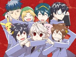 1girl 6+boys :d ^_^ alternate_costume amamiya_ren black_hair black_necktie blonde_hair blue_eyes blue_hair blush_stickers brothers brown_hair cheek_poking child closed_eyes closed_mouth corrin_(female)_(fire_emblem) corrin_(fire_emblem) corrin_(male)_(fire_emblem) creatures_(company) crossover dark_pit fire_emblem fire_emblem:_mystery_of_the_emblem fire_emblem:_path_of_radiance fire_emblem_fates floral_background frown game_freak gen_1_pokemon gold_hairband green_hat green_headband grin hair_between_eyes hairband hat headband highres ike_(fire_emblem) jacket kid_icarus kid_icarus_uprising kirby kirby_(series) ko_iwari_ngo laurel_crown layered_clothes layered_sleeves link marth_(fire_emblem) middle_part multiple_boys multiple_crossover necktie nintendo open_mouth ouran_high_school_host_club ouran_high_school_uniform persona persona_5 pikachu pit_(kid_icarus) pokemon pokemon_(creature) poking purple_jacket red_eyes reverse_trap round_eyewear school_uniform siblings sidelocks smile spiked_hair super_smash_bros. twins white_hair young_link