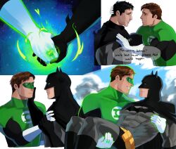 2boys absurdres bara batman_(series) black_bodysuit black_gloves black_hair blush bodysuit brown_hair carrying carrying_person couple crying crying_with_eyes_open dc_comics domino_mask english_text facial_hair gloves green_bodysuit green_lantern green_lantern_(series) grey_bodysuit hal_jordan haljordanmylove hand_on_another&#039;s_face highres holding_hands jewelry large_pectorals looking_at_another male_focus mask multiple_boys muscular muscular_male open_mouth pectorals ring short_hair simple_background smile streaming_tears superhero_costume tears two-tone_bodysuit white_background white_gloves yaoi