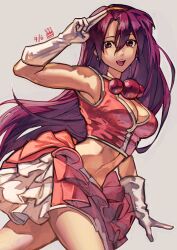 1girl absurdres armpits asamiya_athena breasts cleavage cleavage_cutout clothing_cutout cropped_shirt earrings frilled_skirt frills gloves hair_ornament hairband headband highres jewelry large_breasts legs long_hair looking_at_viewer medium_breasts midriff miniskirt navel open_mouth purple_eyes purple_hair red_skirt salute skirt sleeveless smile snk solo syachiiro the_king_of_fighters the_king_of_fighters_2003 thighs toned