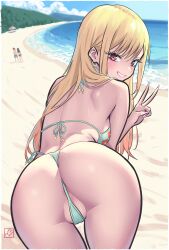 1boy 2girls absurdres ass beach bikini blonde_hair blue_sky blurry breasts cloud day depth_of_field ear_piercing earrings elementary_(lolipope) from_behind highres jewelry kitagawa_marin long_hair looking_at_viewer looking_back multiple_girls ocean outdoors piercing red_eyes sky smile solo_focus sono_bisque_doll_wa_koi_wo_suru swimsuit v water