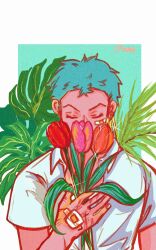 Rule 34 | 1boy, aqua background, bandaid, bandaid on hand, border, closed eyes, commentary, flower, green hair, highres, holding, holding flower, male focus, one piece, orange flower, orange tulip, pink flower, pink tulip, red flower, red tulip, roronoa zoro, serein, shirt, short hair, short sleeves, solo, sparkle, symbol-only commentary, tulip, twitter username, upper body, white border, white shirt