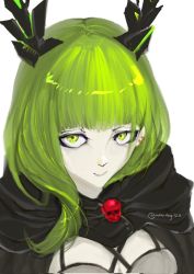 1girl banned_artist black_rock_shooter brsdf dead_master eye_contact green_eyes green_hair highres horns looking_at_another looking_at_viewer mecha mg_(moontag123) mg_moontag123 robot self-upload short_hair skull smile takanashi_yomi tribute_(tributism)