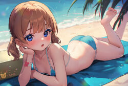 1girl arm_support ass barefoot bikini blue_bikini blush breasts brown_hair butt_crack c_(theta) collarbone duplicate feet_up hand_on_own_cheek hand_on_own_face head_rest highres idolmaster idolmaster_million_live! loli looking_at_viewer lying mat micro_bikini on_stomach outdoors short_twintails small_breasts solo suou_momoko swimsuit the_pose twintails
