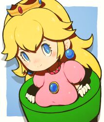 1girl beeru_(veil8801) blonde_hair blue_brooch blue_eyes blue_gemstone breast_rest breasts brooch closed_mouth crown earrings elbow_gloves eyelashes gem gloves gold_crown highres jewelry long_hair mario_(series) medium_breasts mini_crown nintendo princess princess_peach puffy_short_sleeves puffy_sleeves short_sleeves smile solo sphere_earrings warp_pipe white_gloves
