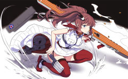 Rule 34 | 1girl, anchor, bad id, bad pixiv id, belt, blue eyes, blush, breast pocket, breasts, brown hair, closed mouth, cnm, commentary, dress, drum magazine, female focus, flight deck, floating hair, garter straps, gun, hair between eyes, hair ornament, high heels, high side ponytail, highres, kantai collection, large breasts, long hair, looking afar, machinery, magazine (weapon), panties, panty peek, pantyshot, pocket, ponytail, pouch, red thighhighs, reloading, saratoga (kancolle), scarf, shell casing, side ponytail, sidelocks, smile, smokestack, solo, squatting, submachine gun, thigh pouch, thigh strap, thighhighs, thompson submachine gun, underwear, weapon, white dress, wind, wind lift
