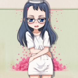 1girl annoyed black_hair blue_eyes blush clothes_writing collarbone crossed_arms flat_chest glasses graduated_cylinder-chan_(t_jiroo) green_background hair_ornament hairclip hat highres loli long_hair looking_at_viewer measuring_cylinder mortarboard open_mouth original oversized_clothes oversized_shirt particles personification print_shirt pun shirt short_sleeves standing t_jiroo_(ringofriend) test_tube water white_hat white_shirt