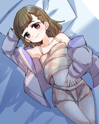 1girl anyoji_hime bare_shoulders black_bow blunt_bangs blush borrowed_clothes bow braid brown_hair camisole center-flap_bangs closed_mouth collarbone commentary_request cowboy_shot from_above gingham_shorts hair_bow head_on_pillow highres hood hooded_jacket jacket kachimachi_kosuzu kanduki_kamibukuro link!_like!_love_live! long_hair looking_at_viewer love_live! lying midriff off_shoulder on_back open_clothes open_jacket orange_camisole orange_shorts pillow pink_eyes pink_jacket short_shorts shorts side_braids side_slit side_slit_shorts smile solo virtual_youtuber