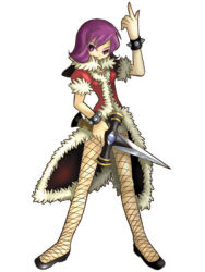1girl 2000s_(style) artist_request bad_id black_shoes bracelet coat dagger fishnet_pantyhose fishnets full_body fur-trimmed_coat fur_trim holding holding_dagger holding_knife holding_weapon index_finger_raised jewelry knife looking_at_viewer lowres official_art open_mouth pantyhose purple_eyes purple_hair ragnarok_online red_coat rogue_(ragnarok_online) shoes short_sleeves shorts simple_background smile solo spiked_bracelet spikes standing weapon white_background white_shorts
