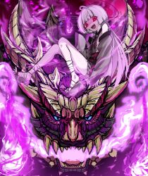 1girl :d absurdres bandage_on_face bandaged_foot bandaged_leg bandages bare_shoulders barefoot blue_archive blue_eyes blunt_bangs breath_weapon breathing_fire chin_spike crossover detached_sleeves evil_smile fangs fire gauze gauze_on_cheek grey_hair grey_sleeves halo highres horns japanese_clothes kimono long_hair magnamalo monster_hunter_(series) monster_hunter_rise nubebenbe open_mouth purple_eyes purple_fire purple_halo riding riding_animal scales sharp_teeth short_kimono shuro_(blue_archive) sideless_kimono smile teeth trait_connection