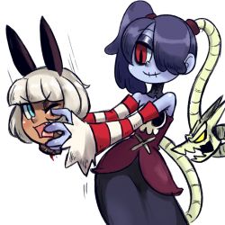 2017 2girls animal_ears blood blue_hair blue_skin bob_cut cat_ears cat_girl colored_skin cowboy_shot dark-skinned_female dark_skin detached_collar detached_sleeves disembodied_head hair_over_one_eye ms._fortune_(skullgirls) multiple_girls one_eye_closed open_mouth pie_(aipiepo) red_eyes short_hair side_ponytail skullgirls smile squigly_(skullgirls) stitched_mouth stitches striped white_background white_hair