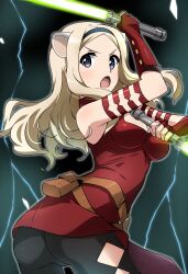 1girl absurdres aleksandra_i._pokryshkin alternate_costume animal_ears ass bad_anatomy bear_ears bear_girl belt black_background black_pantyhose blonde_hair blue_eyes brave_witches breasts brown_belt commission energy_sword hairband highres holding holding_sword holding_weapon lightsaber long_hair medium_breasts open_mouth pantyhose second-party_source simple_background solo standing star_wars sword thunder tokiani weapon world_witches_series