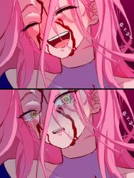 1girl absurdres alien_stage blood blood_on_chest blood_on_face chinese_commentary closed_eyes commentary_request crying crying_with_eyes_open highres liu_xin_zhishi_yu_ni_zi_shu_bao long_hair mizi_(alien_stage) open_mouth pink_background pink_hair signature smile tears yellow_eyes