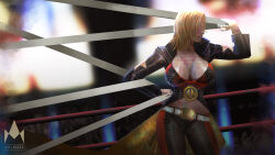 1girl axel_massa axouel2009 belt blonde_hair breasts cleavage dead_or_alive dead_or_alive_6 highres large_breasts long_sleeves medium_hair pants tina_armstrong watermark wrestling_outfit wrestling_ring