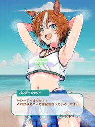 1girl animal_ears armpit_focus armpits arms_behind_head arms_up bamboo_memory_(ultra_marine)_(umamusume) bamboo_memory_(umamusume) beach bikini bikini_under_clothes blue_eyes brown_hair clothes_around_waist commentary_request cowboy_shot crop_top cutoffs denim denim_shorts dialogue_box highleg highleg_bikini highres horse_ears horse_girl jacket jewelry midriff multicolored_hair navel necklace ocean official_alternate_costume open_mouth outdoors plaid_clothes plaid_jacket presenting_armpit shiroshitogi short_hair shorts smile solo steaming_body streaked_hair sweat swimsuit tank_top teeth torn_clothes torn_shorts translation_request umamusume upper_teeth_only white_hair white_tank_top
