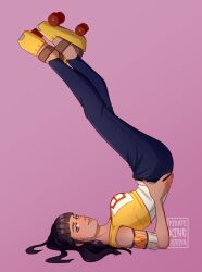 1girl absurdres armlet artist_name bare_shoulders black_hair blue_eyes blunt_bangs commentary denim english_commentary full_body highres jeans jewelry legs_up long_hair looking_at_viewer nico_robin nico_robin_(long_ring_long_land) one_piece pants pkhibiya profile purple_background roller_skates simple_background skates sleeveless solo upside-down watermark