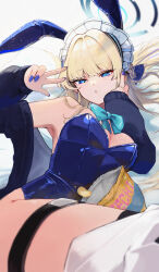 Rule 34 | 1girl, :o, absurdres, animal ears, blonde hair, blue archive, blue bow, blue eyes, blue leotard, blue nails, blunt bangs, blurry, blurry background, bow, breasts, chips (food), cleavage, commentary request, fake animal ears, food, hair intakes, halo, highres, koyuuuuuuuuuuu, leotard, long hair, looking at viewer, lying, maid headdress, nail polish, official alternate costume, rabbit ears, solo, strapless, strapless leotard, thigh strap, toki (blue archive), toki (bunny) (blue archive), w